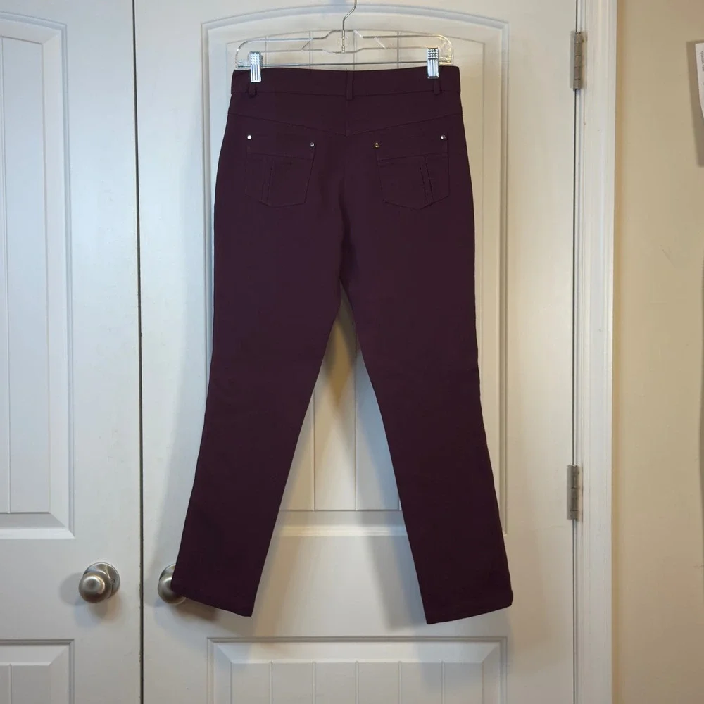 Esilla Women Plum Burgundy Crop Slim Fit Stretch Trousers Gold Zip Pockets Sz 6